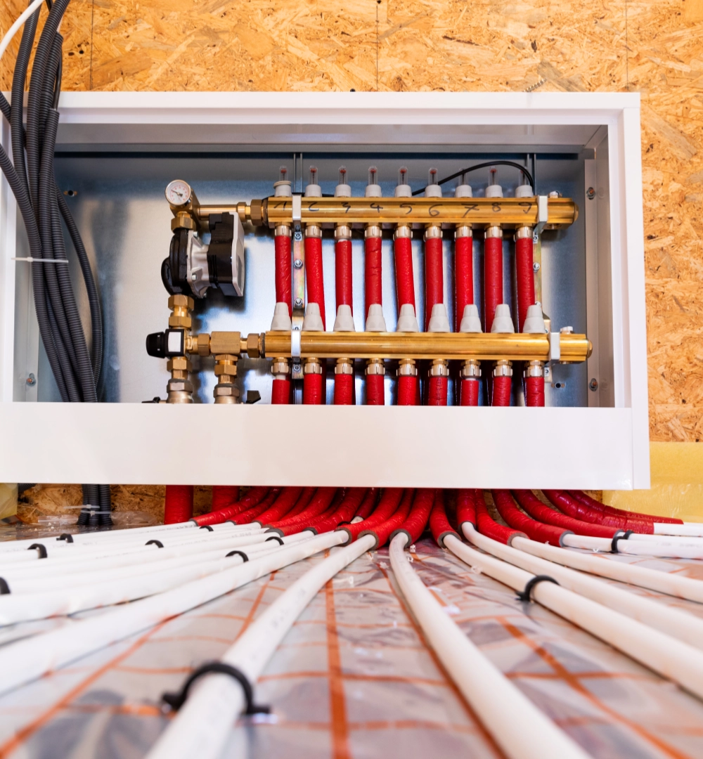 Underfloor heating system with manifold and pipework installed in a floor setup