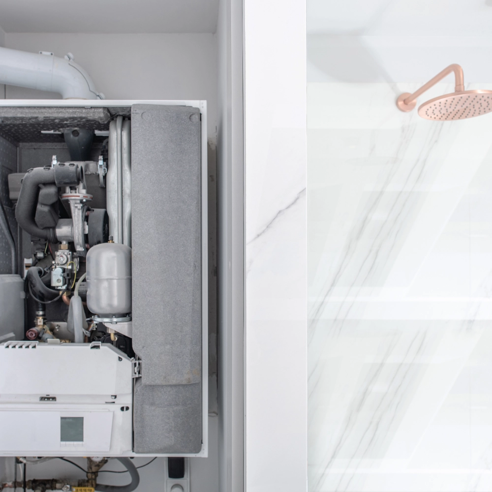 Open wall mounted boiler unit beside a bathroom shower area.