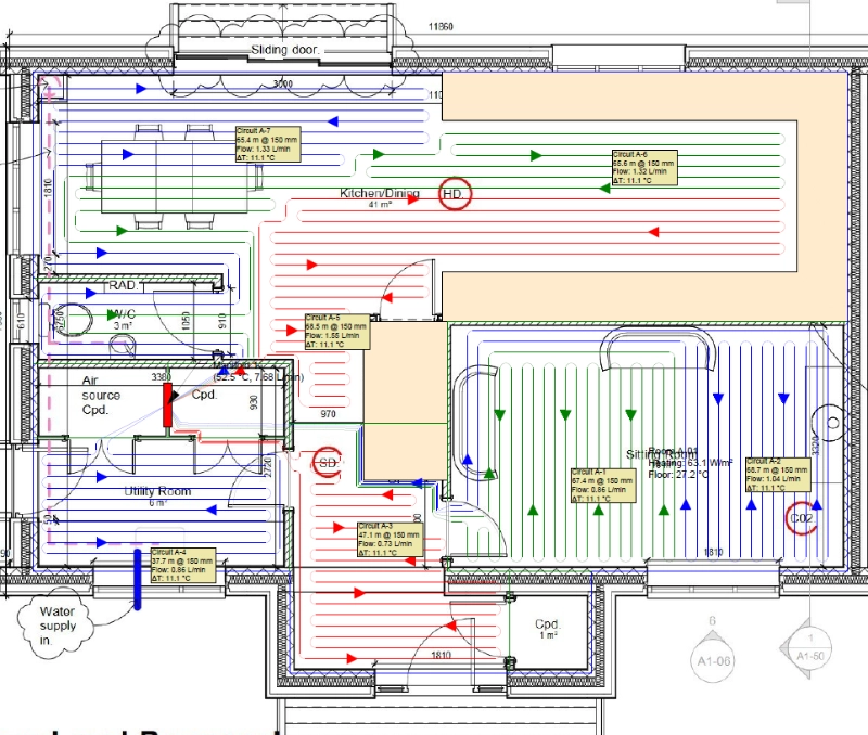 CAD floor plan showing colour-coded underfloor heating pipe circuits and flow directions throughout a residential property.